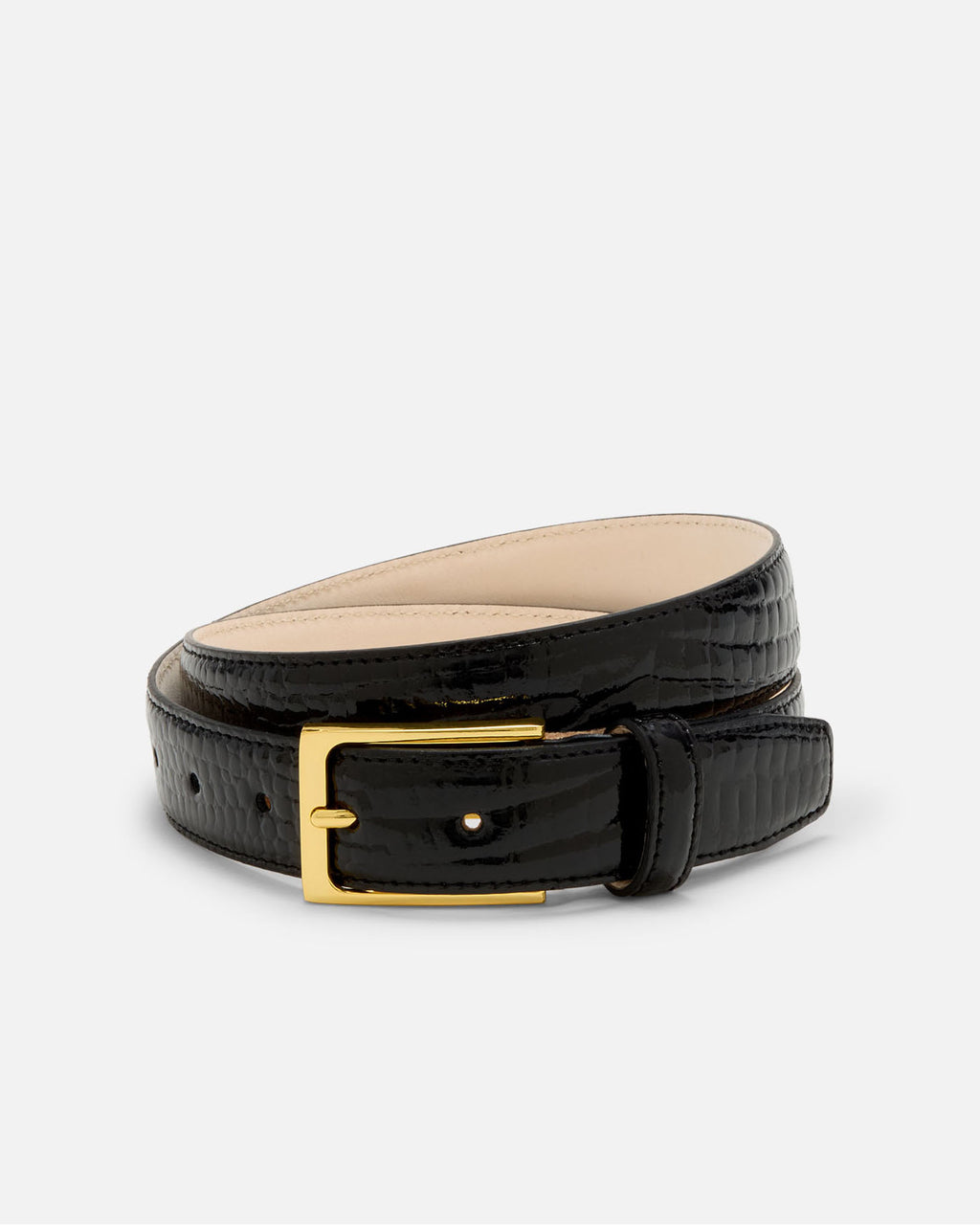Belts.Com Black Croc Embossed Italian Calfskin Belt Sz 52 1”Wide Brass Bkl EUC Skinny Black Leather Belt with Gold Buckle | BRAHMIN main image 2